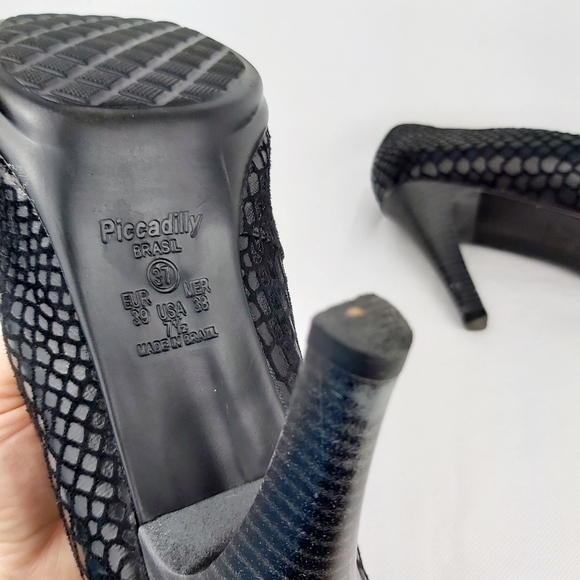 PICCADILLY stiletto heeled shoes snake style black leather made in Brazil sz 7.5 - Picture 10 of 11